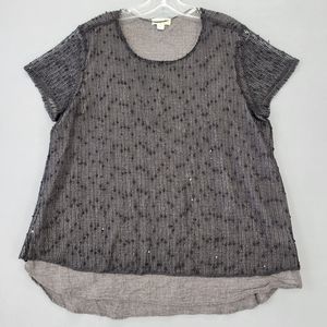 One World Women's Shirt Size L Black Preppy Sequin Layered Knit Short Sleeve Top